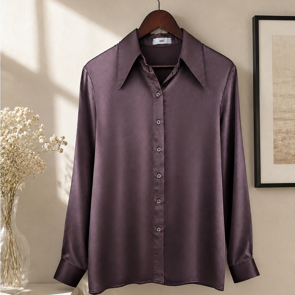 Mango Satin Button-Up Blouse Plum Purple Silky Shirt New No Tags